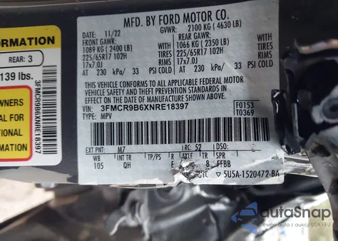 2022 Ford Bronco Sport Big Bend из США, поврежденный, VIN 3FMCR9B6XNRE18397